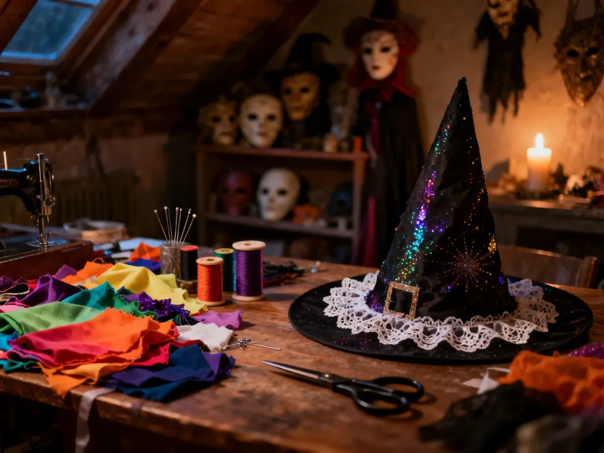 Warsztat tworzenia kostiumu na Halloween: stół z materiałami krawieckimi, igłami i półwykończonym kapeluszem czarownicy.