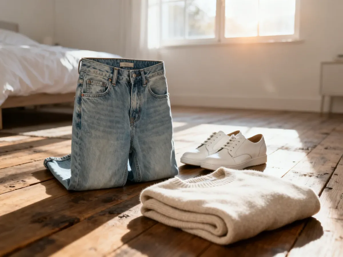 Jasnoniebieskie jeansy typu mom fit z białymi sneakersami i beżowym swetrem w jasnej, minimalistycznej sypialni.