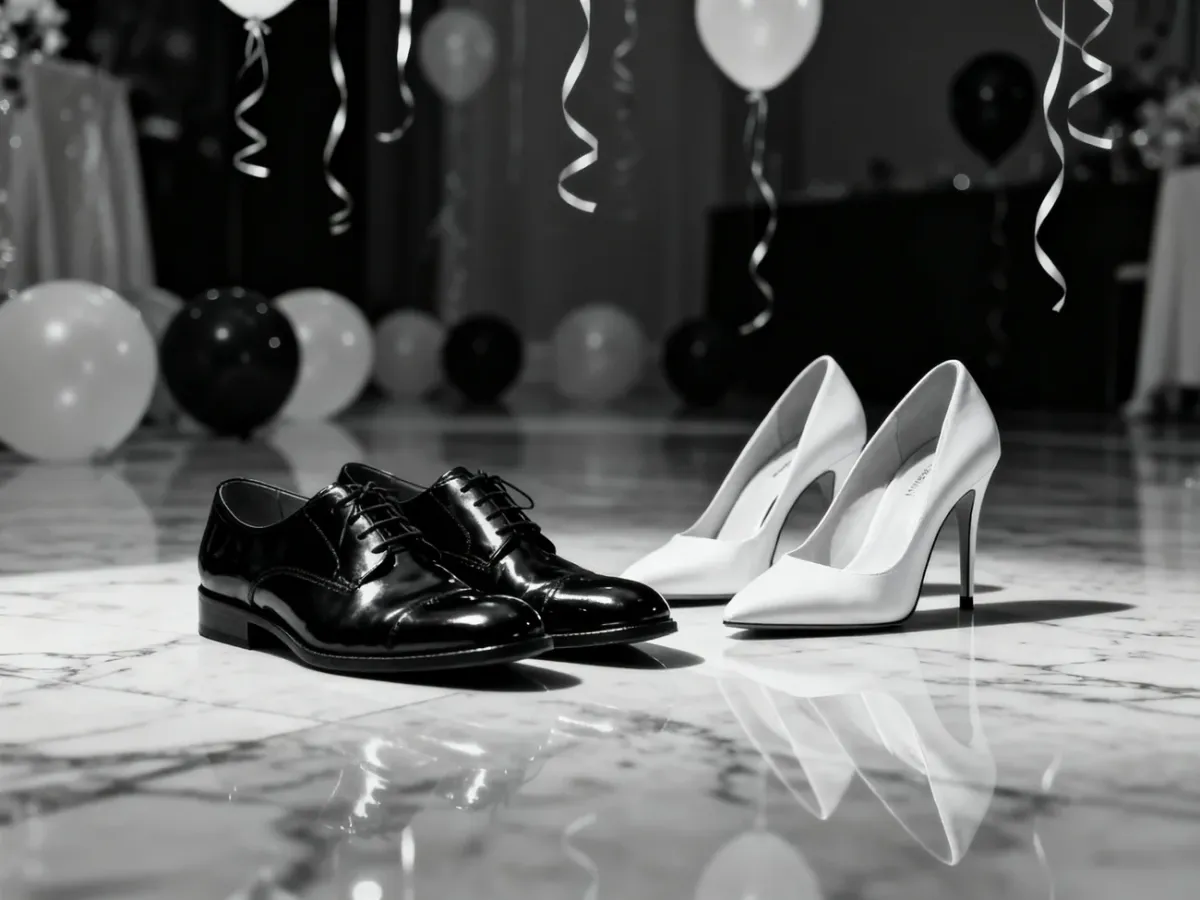 Eleganckie czarne lakierki i białe szpilki na marmurowej podłodze w otoczeniu dekoracji na imprezę w stylu black and white.