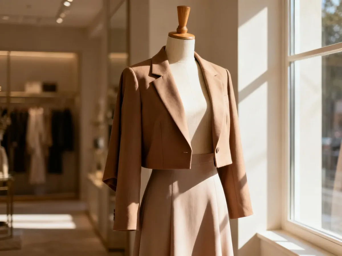 Krótki, elegancki żakiet narzucony na minimalistyczną sukienkę trapezową na drewnianym manekinie w butiku.