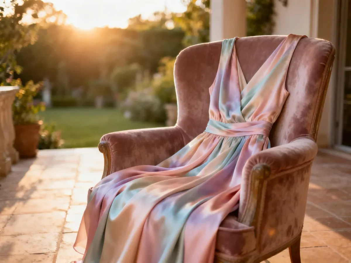 Elegancka sukienka w pastelowych odcieniach na aksamitnym krześle, idealna jako inspiracja na stylizację dla mamy panny młodej.