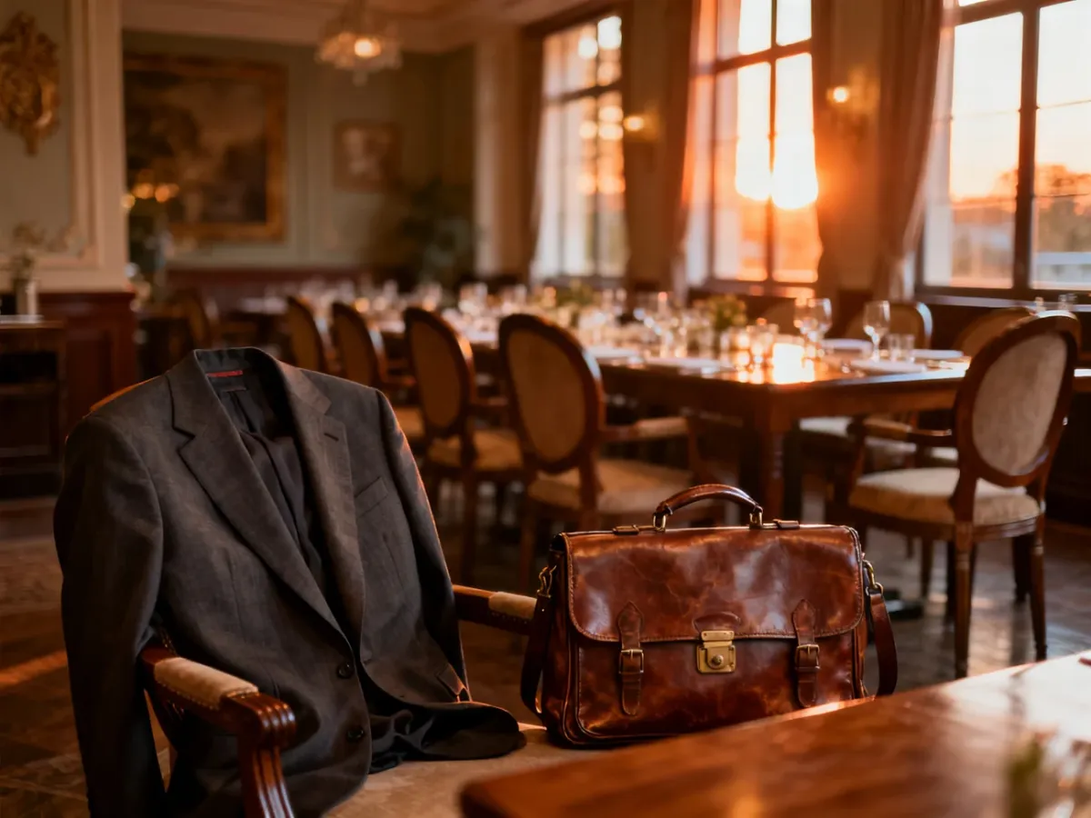 Eleganckie wnętrze restauracji przygotowane na spotkanie klasowe, z marynarką i torebką czekającymi na krześle.