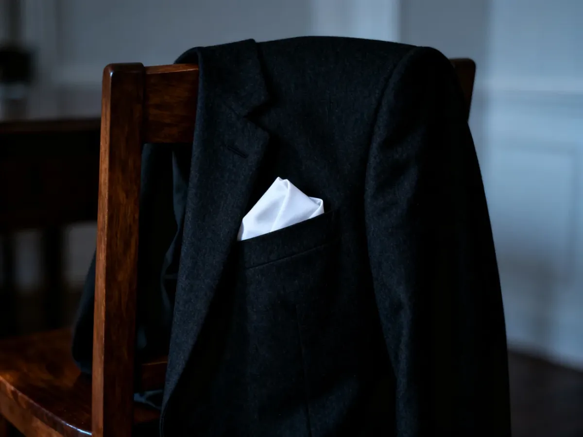 Elegancka czarna marynarka z białą poszetką na krześle, prezentująca stonowany i formalny strój na pogrzeb.