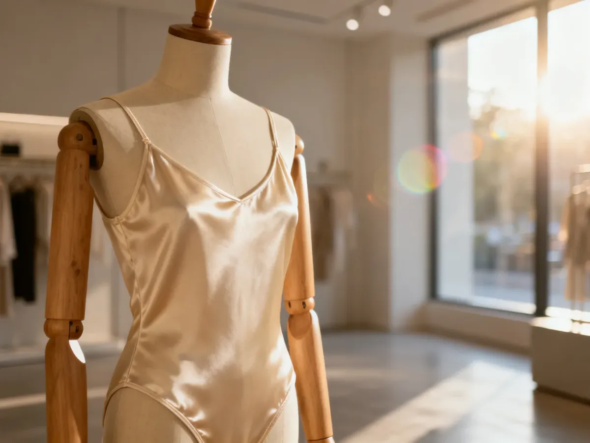 Eleganckie jedwabne body na drewnianym manekinie w minimalistycznym wnętrzu butiku.