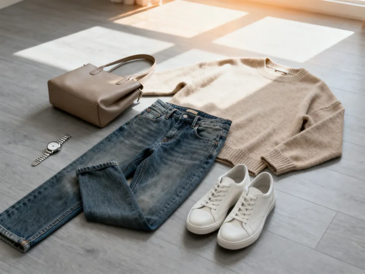 Codzienna stylizacja składająca się z jeansów, beżowego swetra, białych sneakersów, torebki i zegarka na drewnianym tle.
