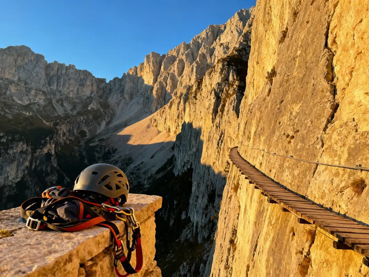 Wąska drewniana ścieżka zawieszona na pionowej skale w wąwozie Caminito del Rey. Na pierwszym planie kask i uprząż wspinaczkowa.