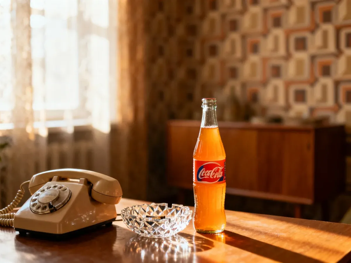 Stół w stylu PRL z telefonem tarczowym, kryształową popielniczką i oranżadą, tworzący nostalgiczny klimat lat 70.