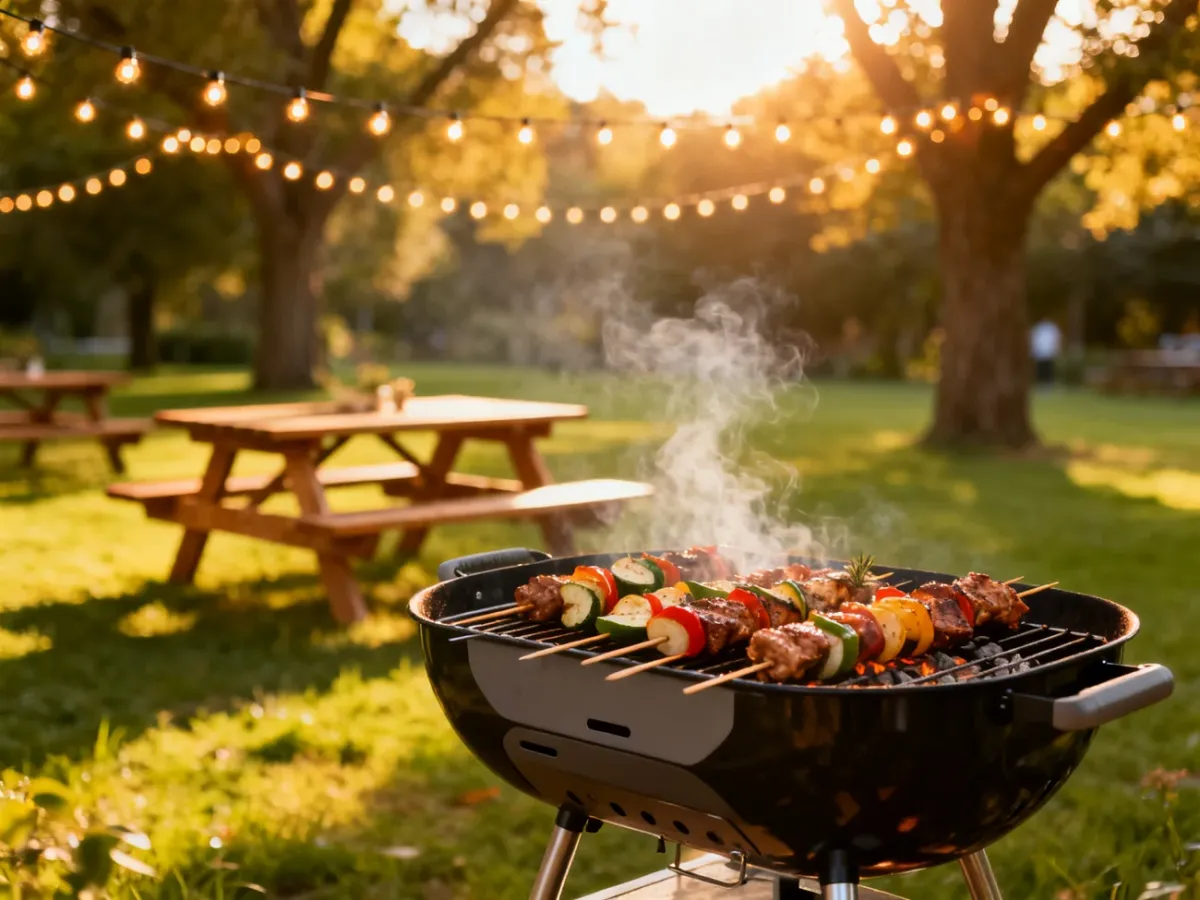 Nowoczesny grill z szaszłykami w ogrodzie podczas firmowego spotkania w ciepłym, słonecznym świetle.