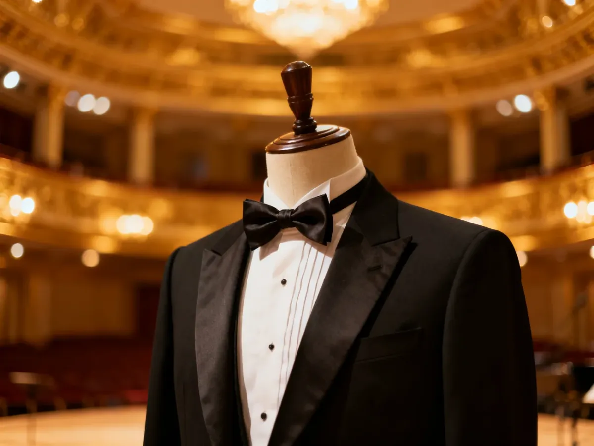 Elegancki smoking z muchą na manekinie na tle wnętrza filharmonii, ilustrujący zasady wieczorowego dress code'u.