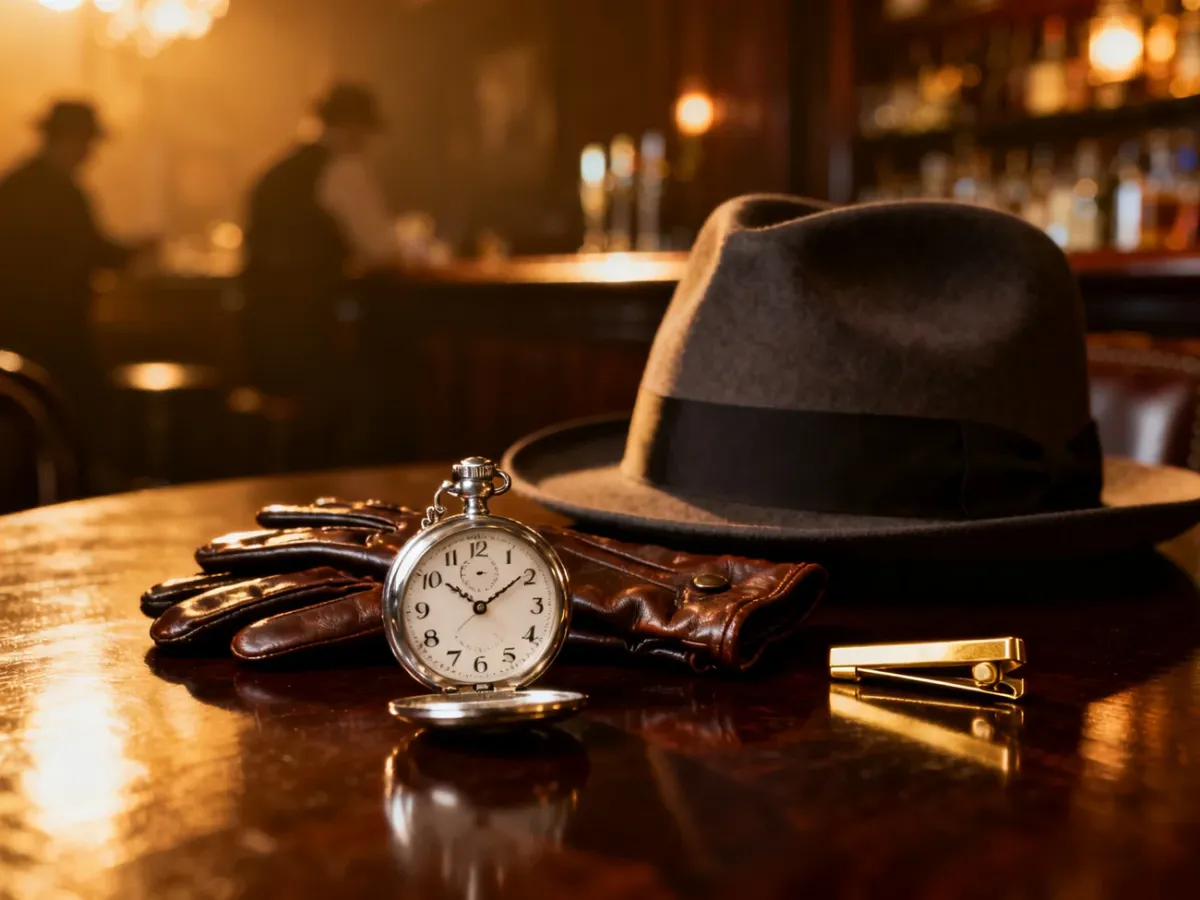 Eleganckie akcesoria w stylu lat 20., takie jak kapelusz fedora, zegarek i rękawiczki, na tle klimatycznego baru.