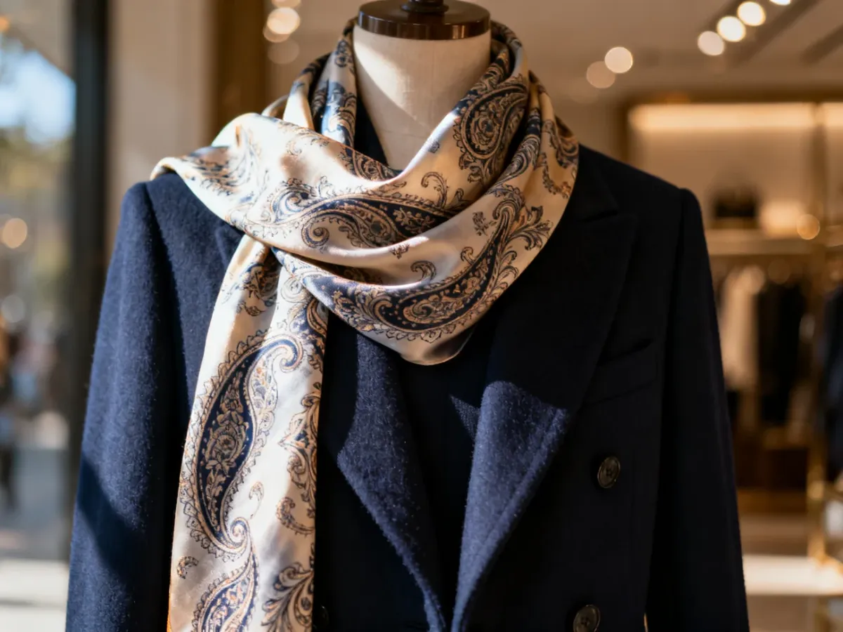 Elegancki jedwabny fular w wzór paisley przewieszony przez granatowy płaszcz, podkreślający szykowny styl dodatku.