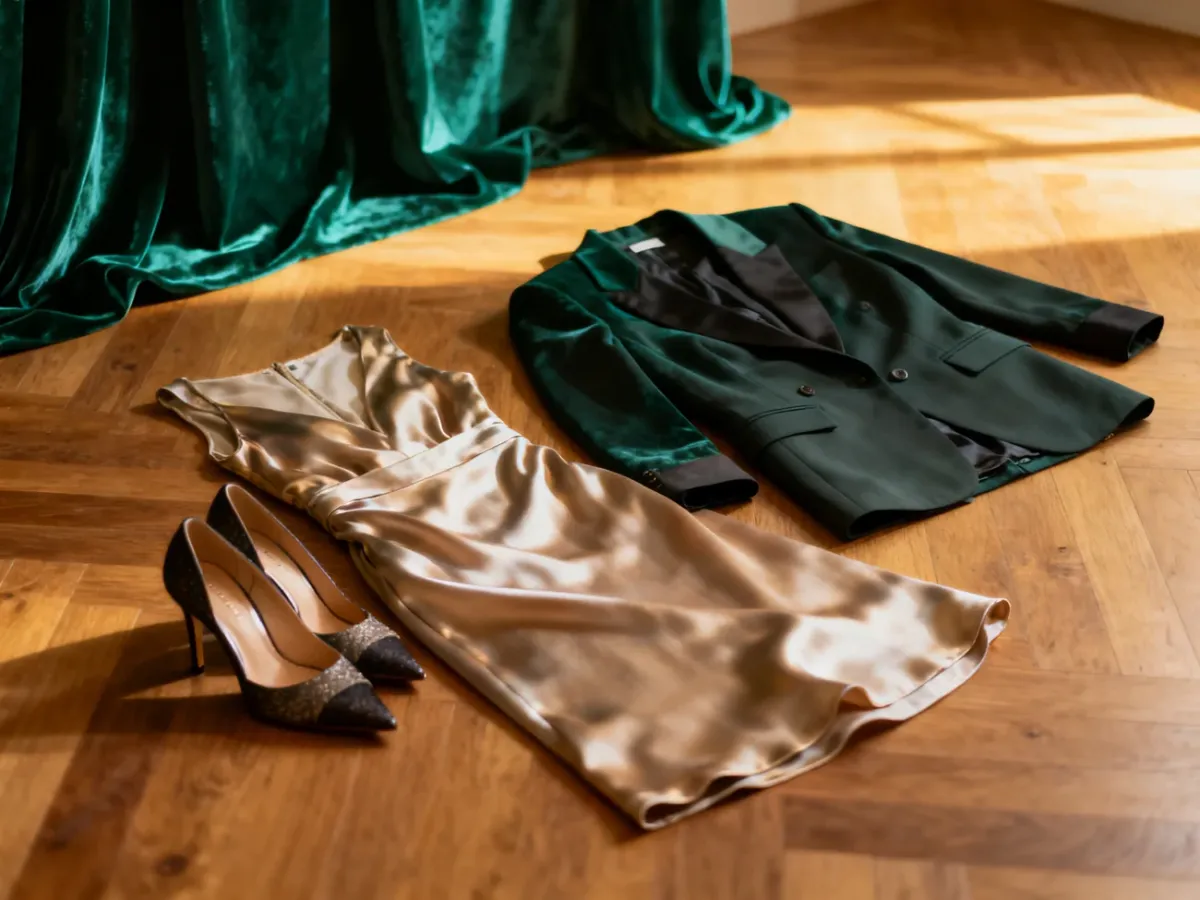 Eleganckie ubrania i szpilki przygotowane do sesji kobiecej na tle szmaragdowej zasłony w profesjonalnym studio.