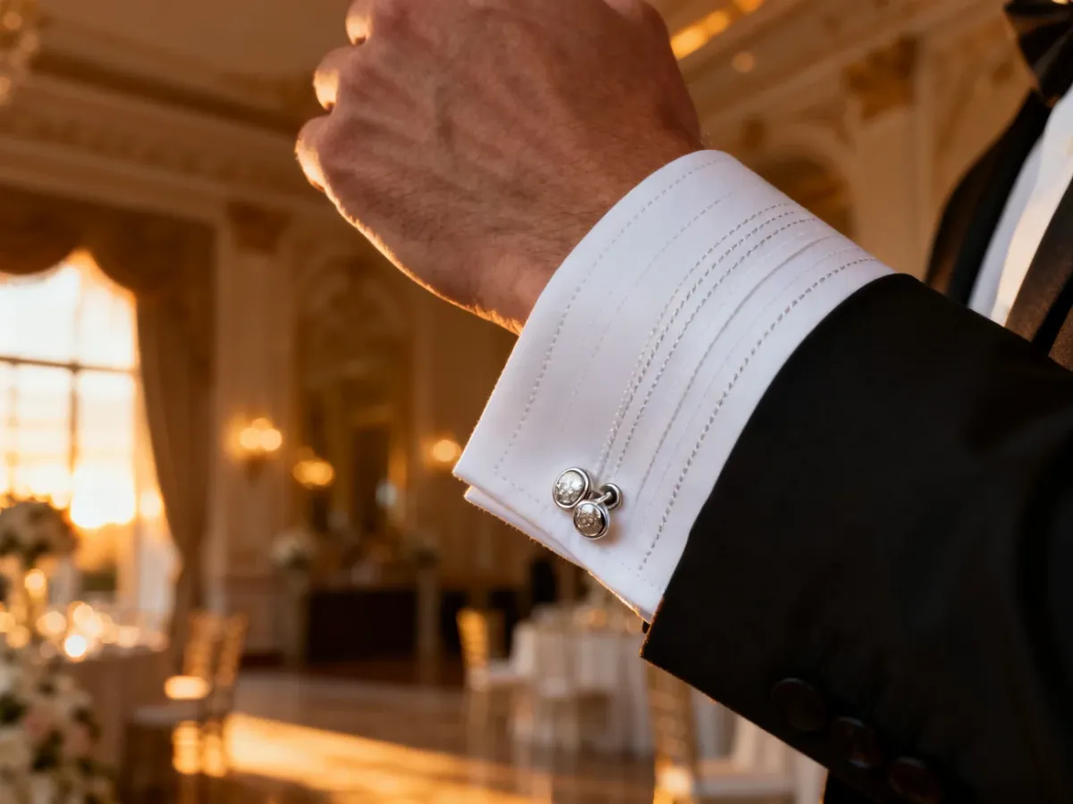 Elegancki mankiet francuski z ozdobnymi spinkami przy białej koszuli wizytowej w luksusowym wnętrzu weselnym.