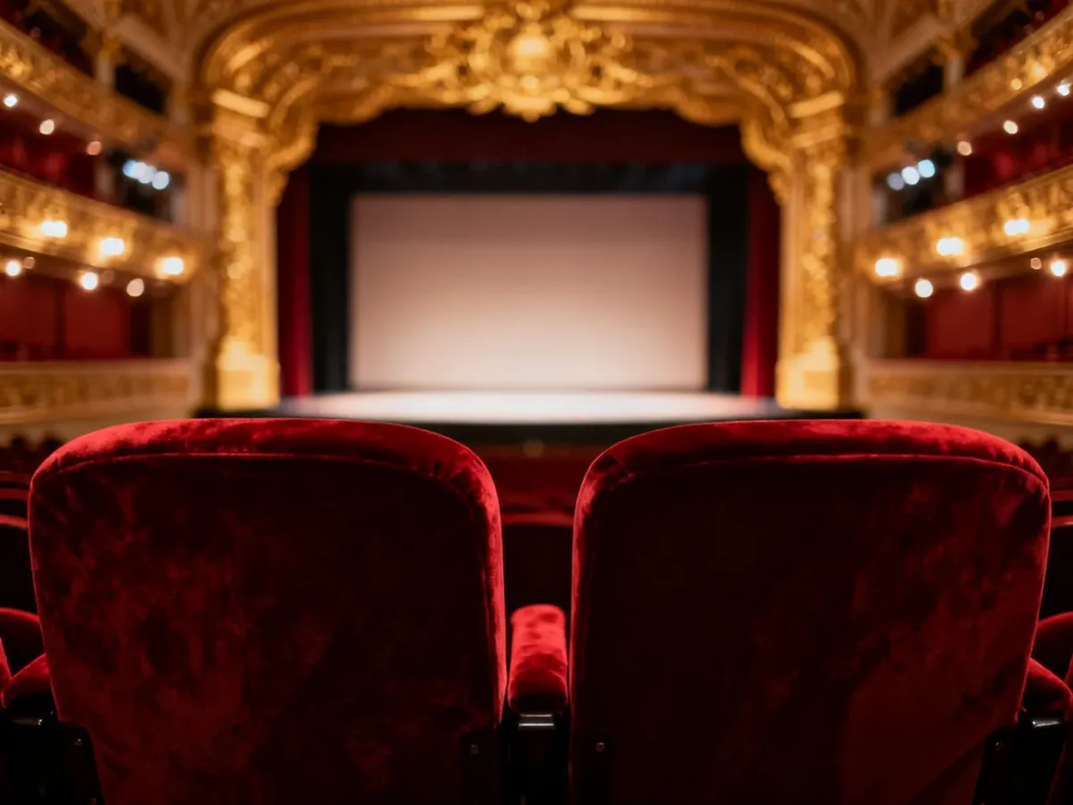 Eleganckie, czerwone fotele wewnątrz teatru Moulin Rouge na tle bogato zdobionej, oświetlonej sceny.