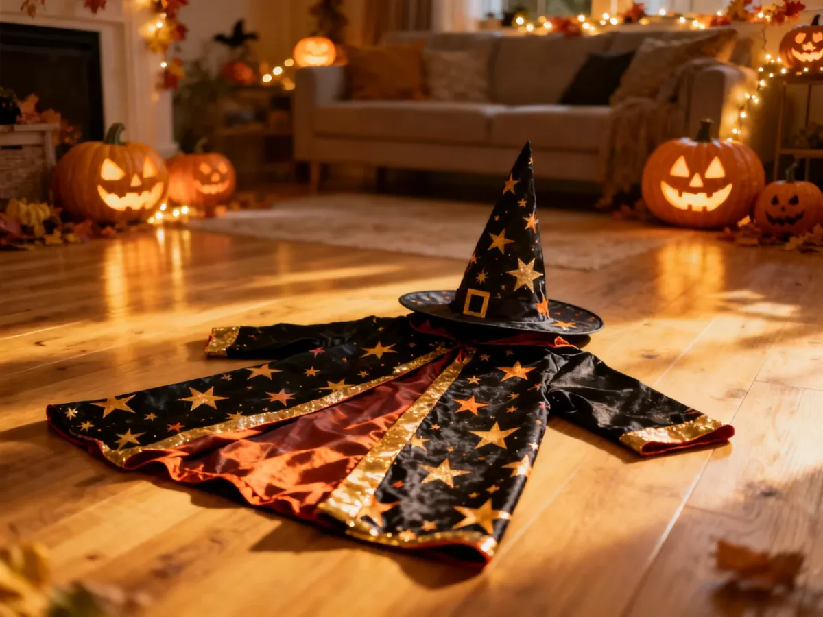 Zestaw kostiumów na Halloween, w tym czarodziejska peleryna i kapelusz, leżące na drewnianej podłodze w jesiennym klimacie.