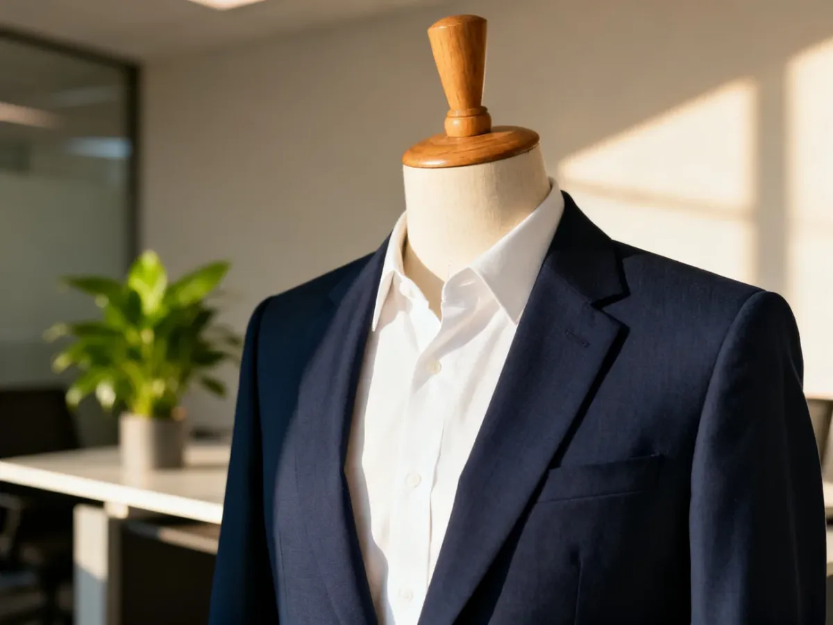 Elegancka biała koszula i granatowa marynarka na manekinie, prezentujące profesjonalny strój na assessment center.