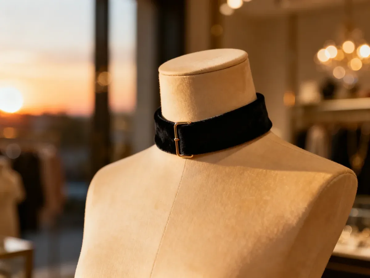 Elegancki, czarny aksamitny choker na manekinie jubilerskim w ciepłym świetle butiku.