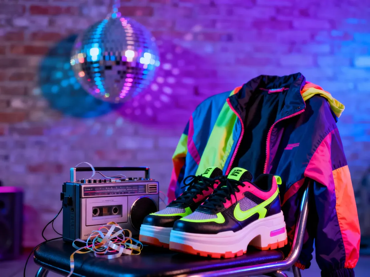 Kultowe atrybuty lat 90.: masywne buty na platformie, walkman z kasetą i kolorowa wiatrówka w neonowym klimacie disco.