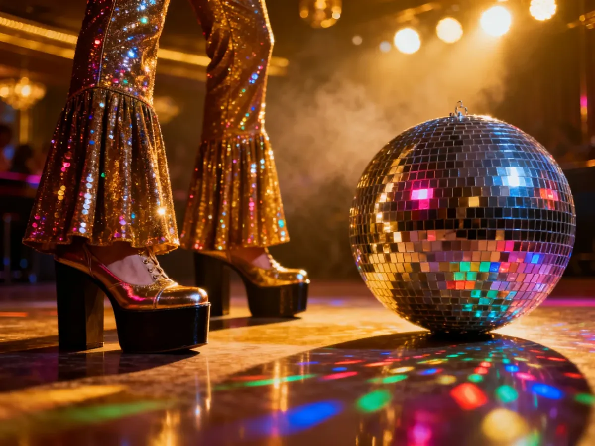 Błyszczące dzwony i buty na platformie na parkiecie w stylu disco lat 70. z migoczącą kulą lustrzaną w tle.