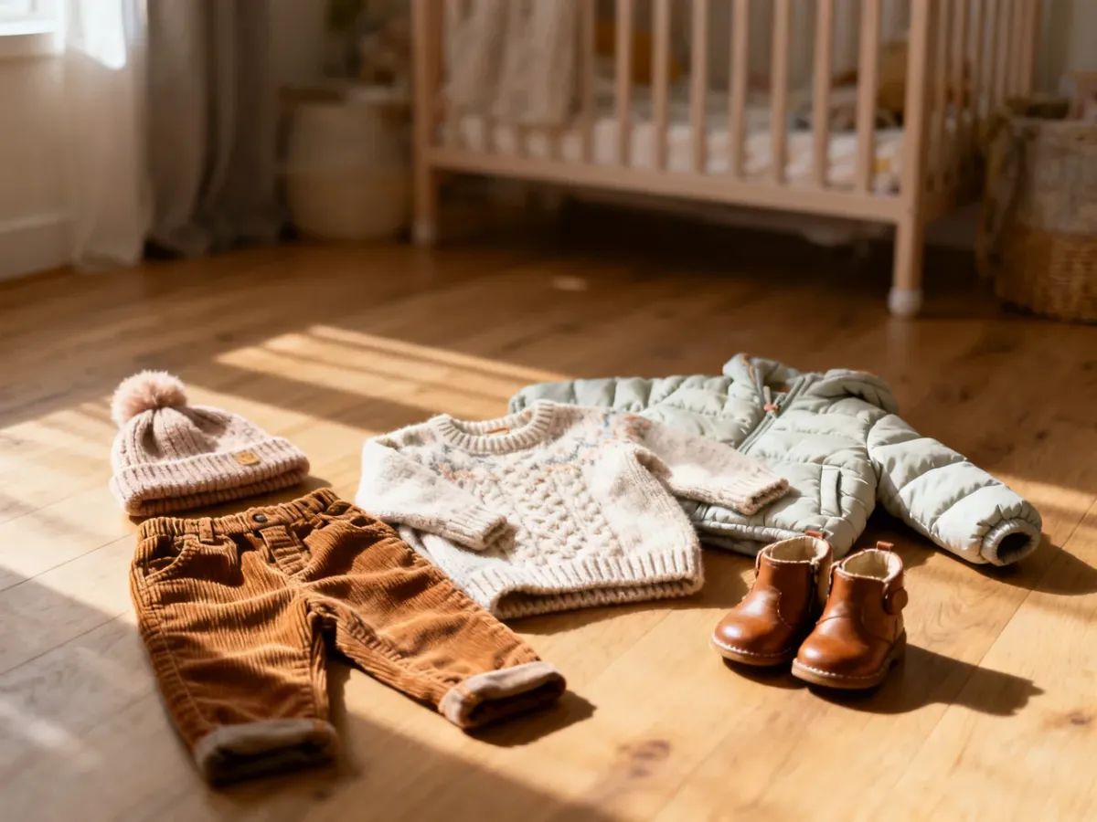 Zestaw dziecięcej odzieży jesiennej: sweter, spodnie, kurtka, czapka i buty, idealny na spacer w temperaturze 13 stopni.