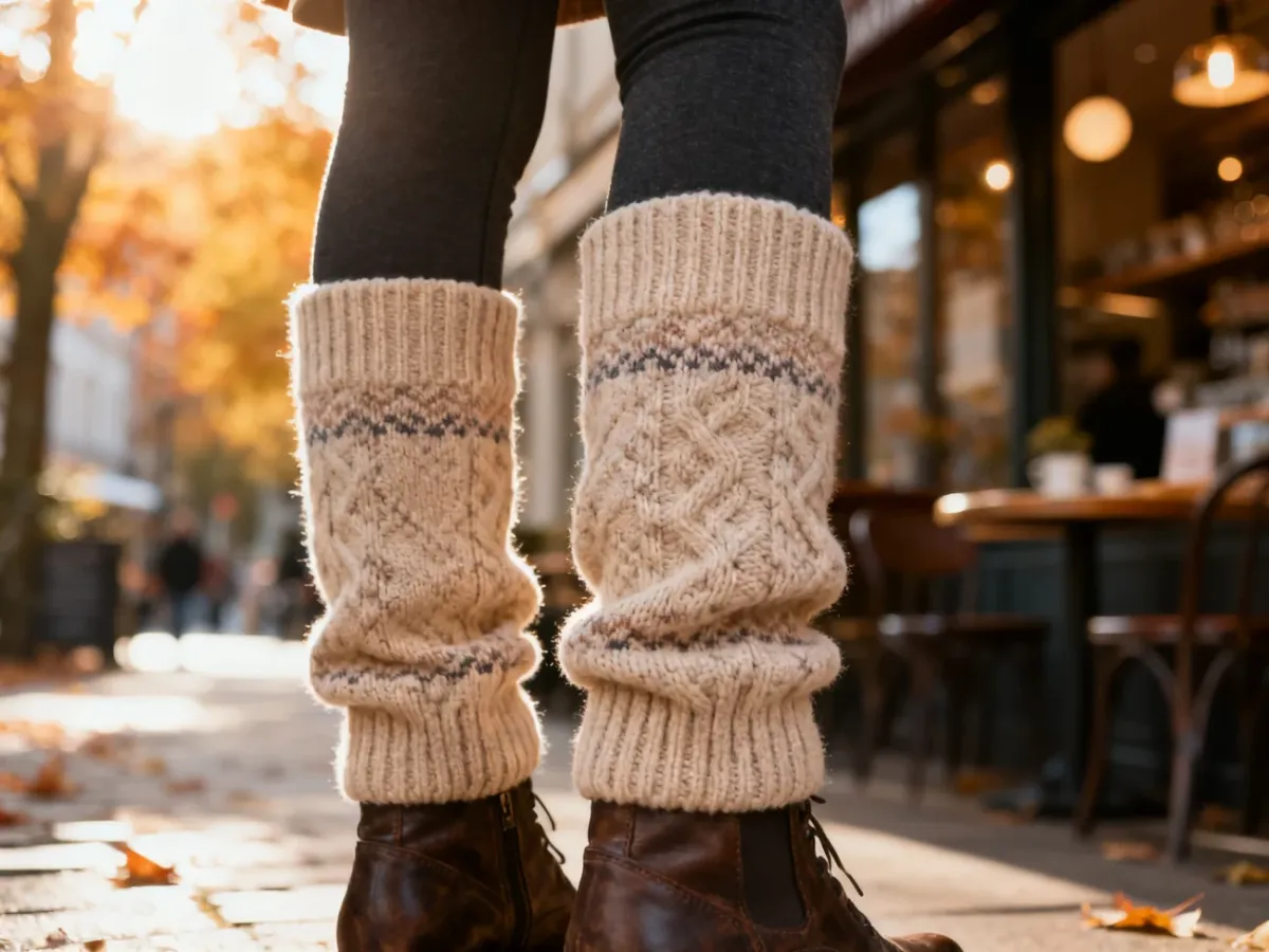 Beżowe ocieplacze na łydki założone na ciemne legginsy i skórzane buty w jesiennej scenerii kawiarni.