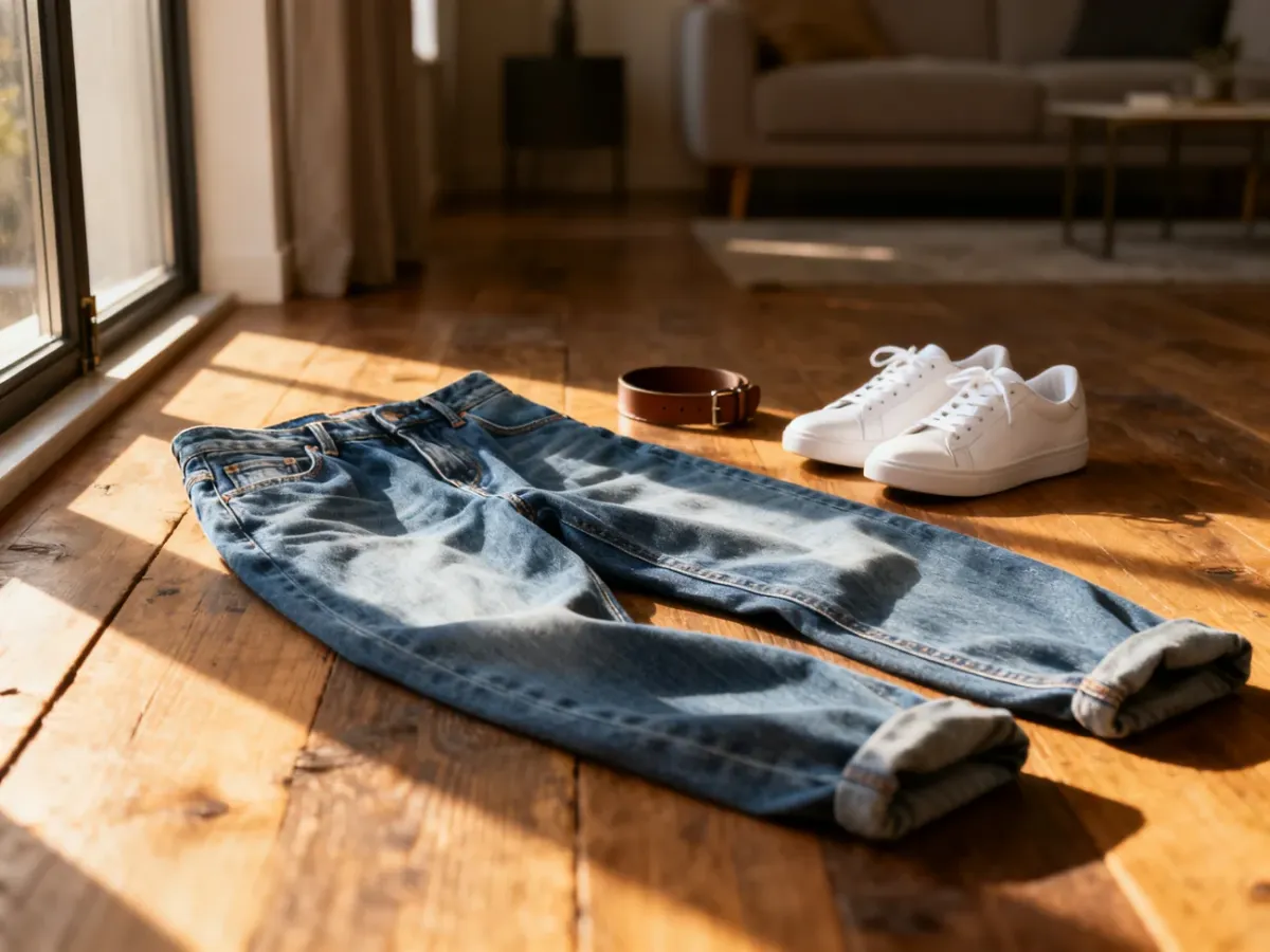 Luźne jeansy typu boyfriend ułożone na drewnianej podłodze wraz z białymi sneakersami i skórzanym paskiem.