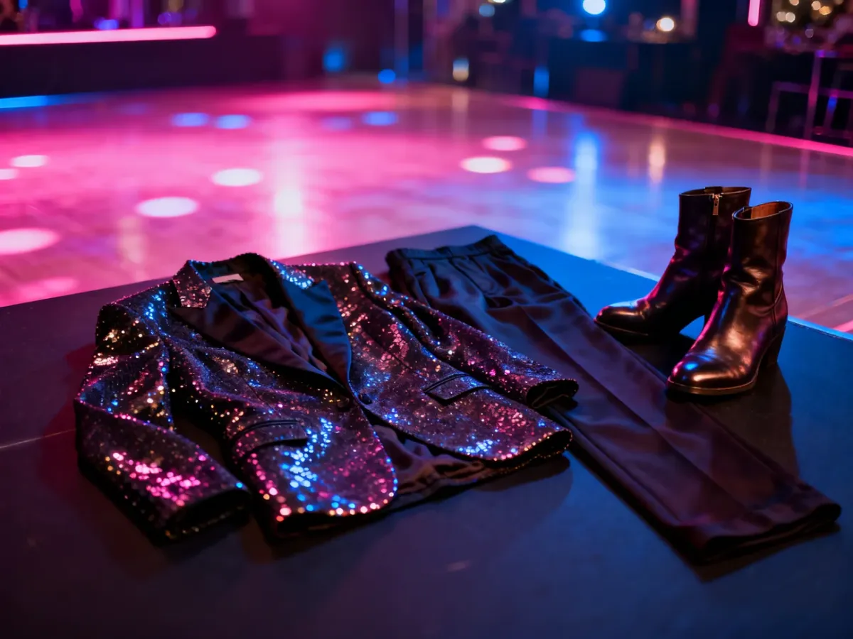 Stylowy zestaw na dyskotekę: cekinowa marynarka, eleganckie spodnie i skórzane botki w neonowym oświetleniu.