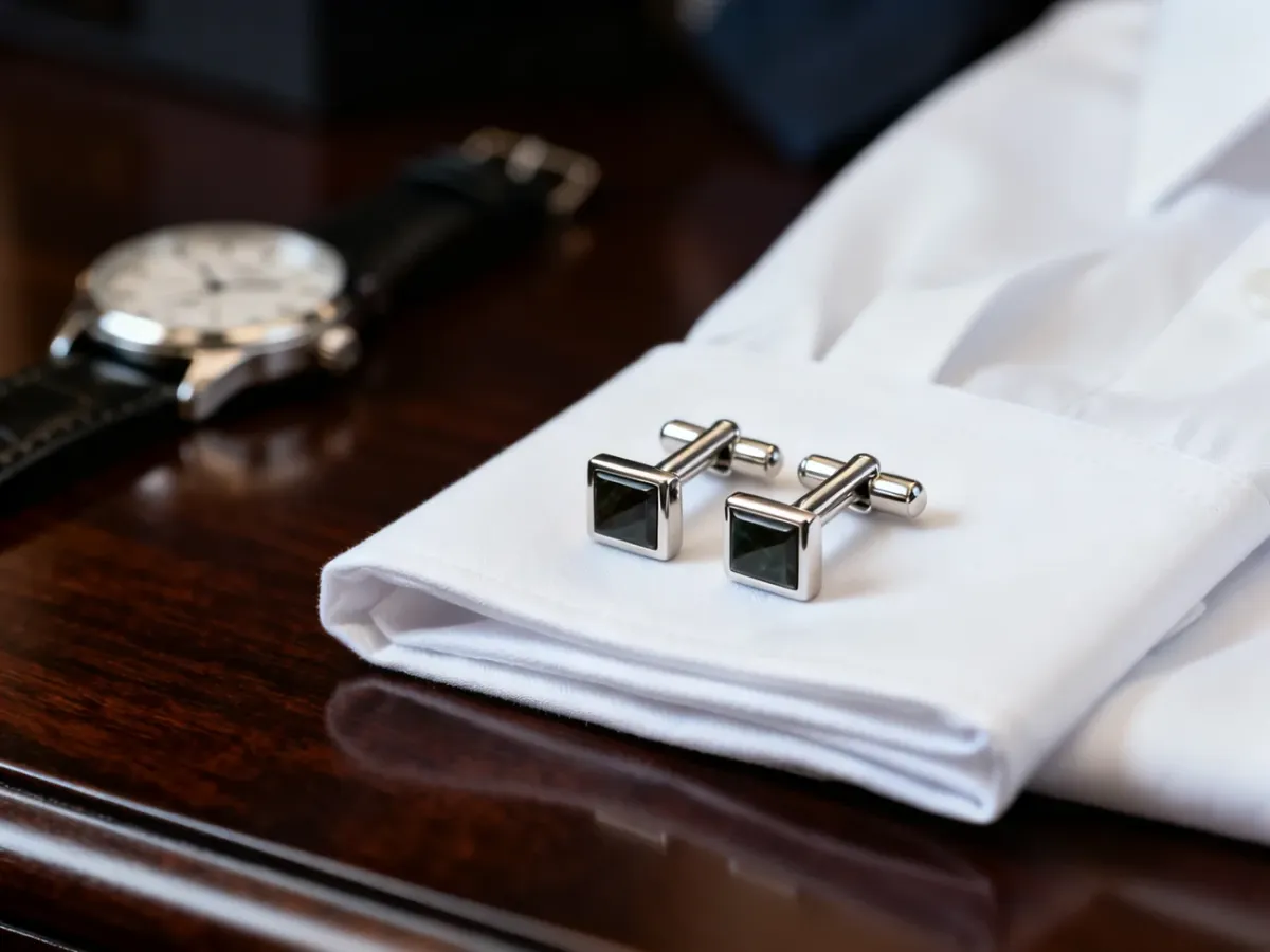 Eleganckie srebrne spinki z onyksem na mankiecie białej koszuli, podkreślające szykowny charakter męskiej stylizacji.