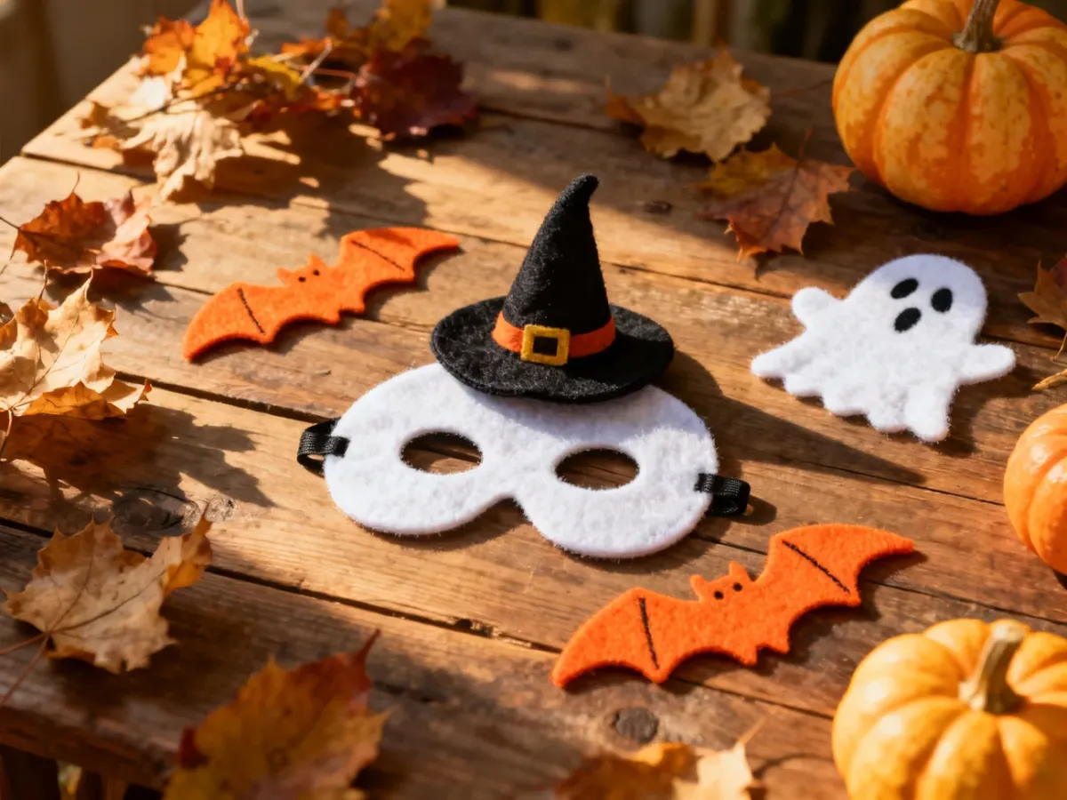 Akcesoria na kostium halloweenowy dla dzieci, w tym kapelusz czarownicy, maska duszka i skrzydła nietoperza na drewnianym stole.