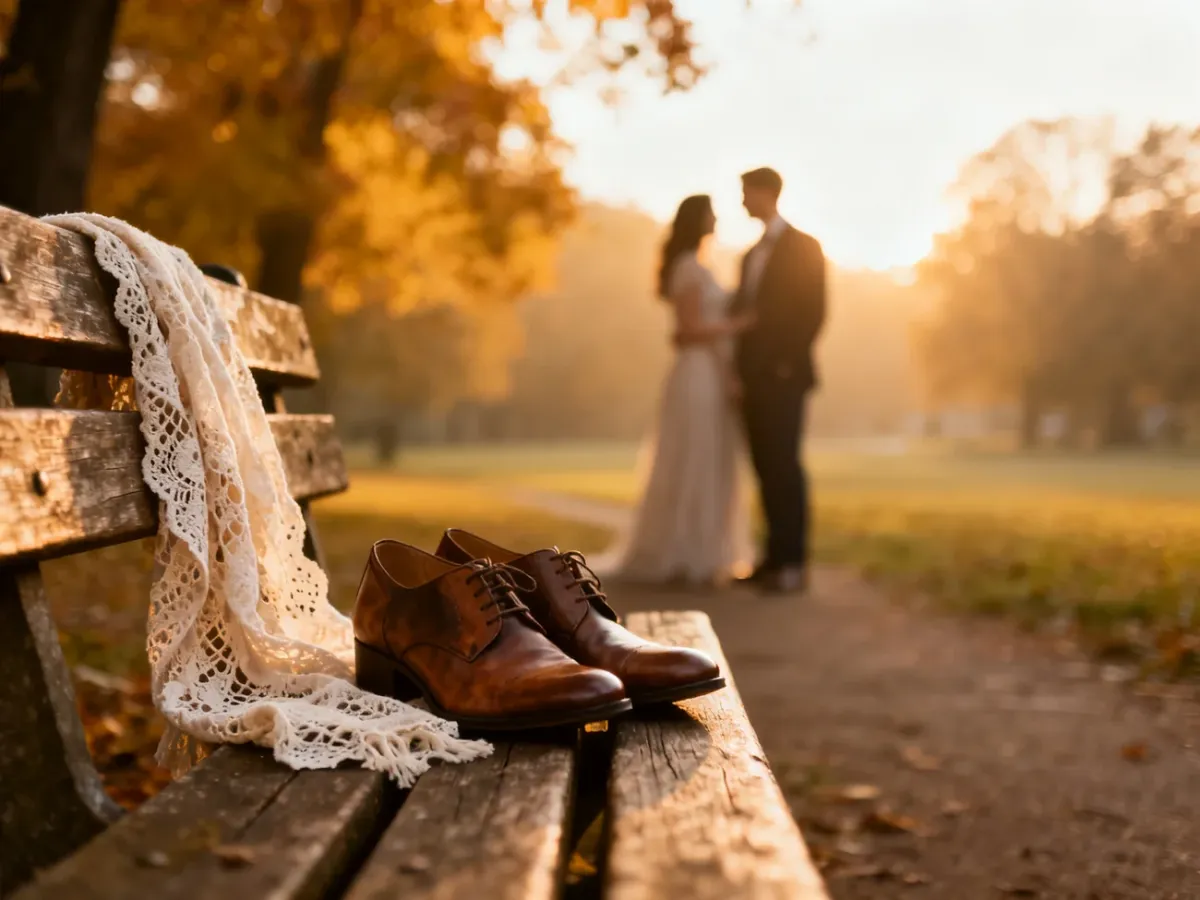 Eleganckie skórzane buty i koronkowa chusta na drewnianej ławce w jesiennym parku, tworzące romantyczny klimat sesji.