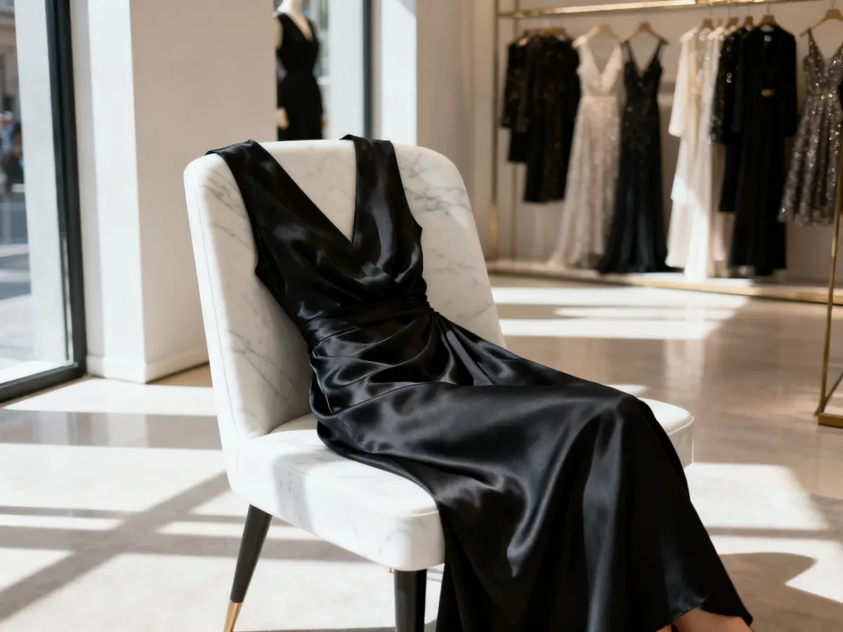Elegancka czarna sukienka z jedwabiu na marmurowym krześle w luksusowym butiku, ilustrująca stylizację w duchu black tie.