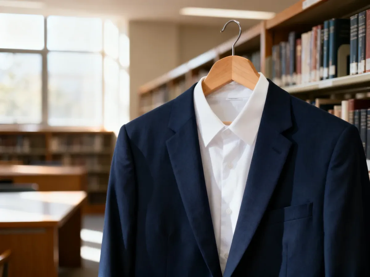 Granatowa marynarka i biała koszula na wieszaku w bibliotece, jako propozycja eleganckiego stroju na obronę dyplomu.
