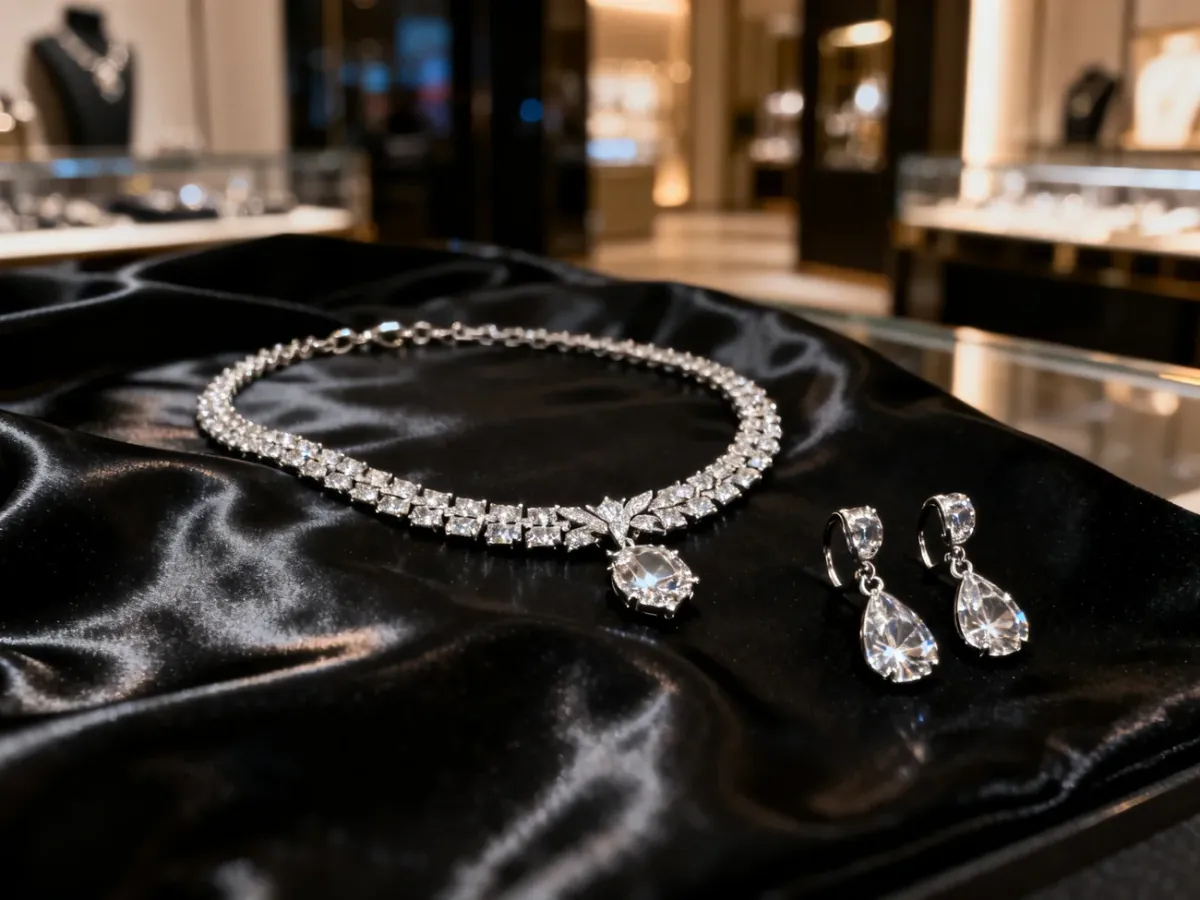 Elegancki naszyjnik i kolczyki z diamentami ułożone na czarnej, błyszczącej tkaninie, tworzące szykowną stylizację.