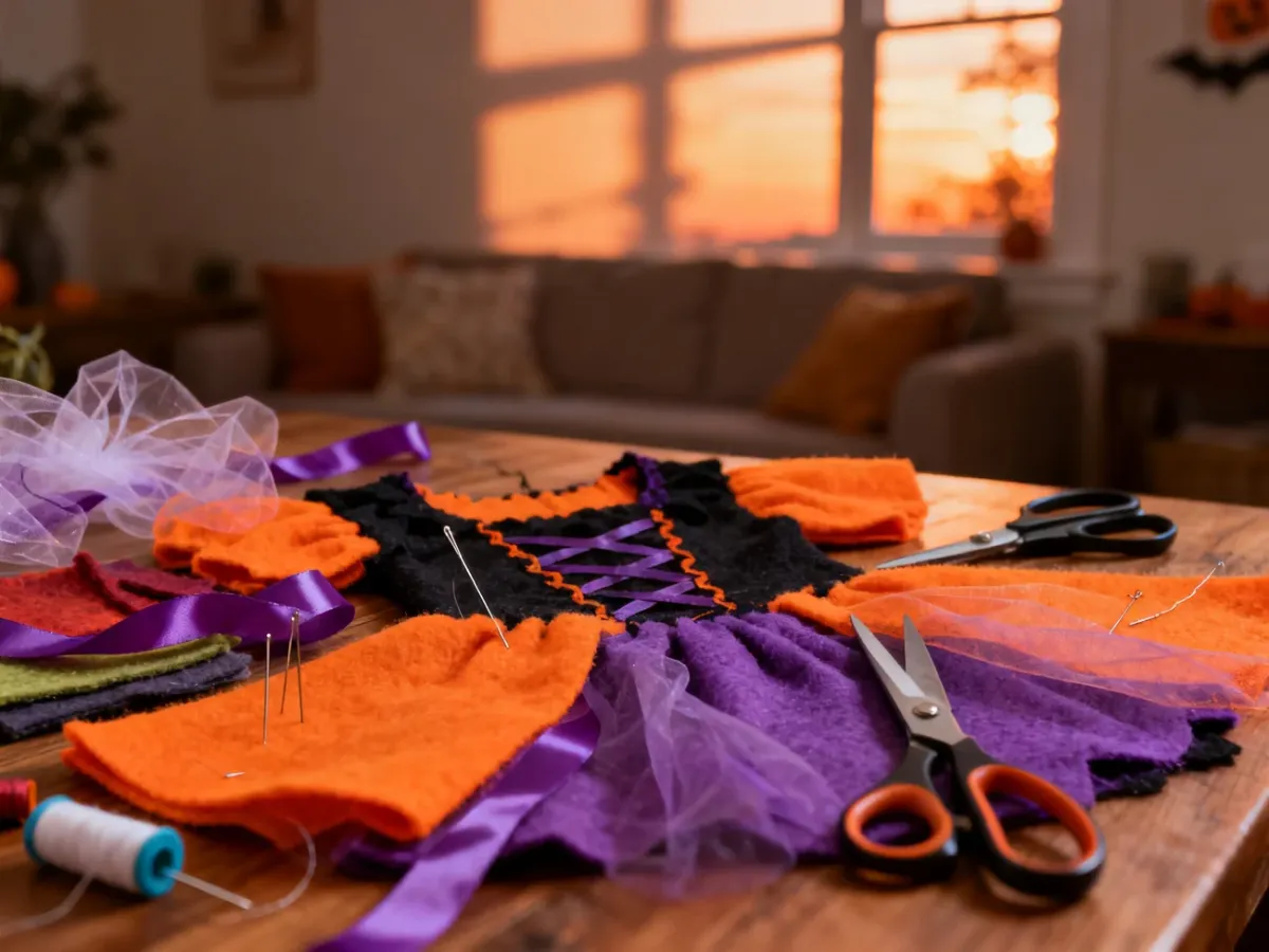 Materiały do samodzielnego wykonania stroju na Halloween: filc, tiul, igły i nożyczki rozłożone na drewnianym stole.