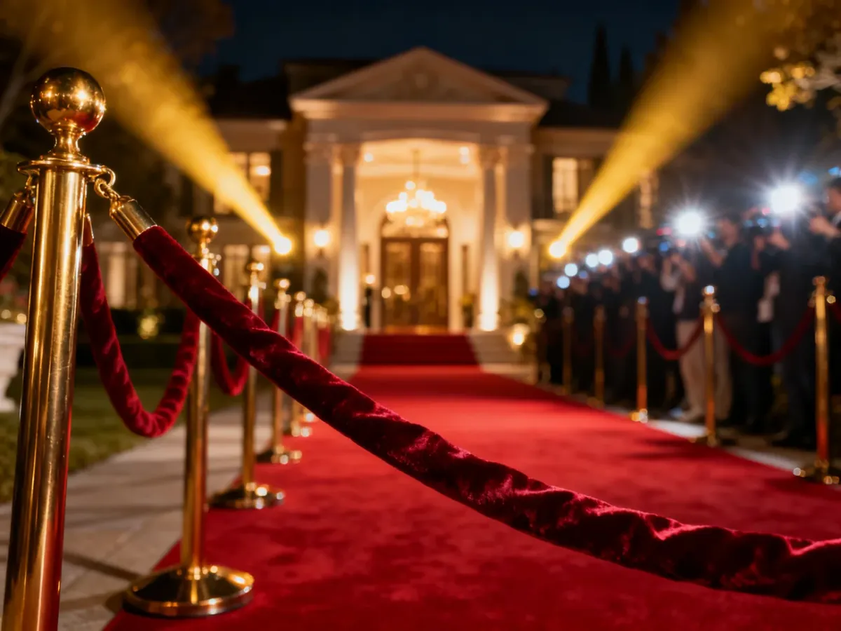 Eleganckie wejście na czerwony dywan w stylu Hollywood z aksamitną liną i luksusową rezydencją w tle.
