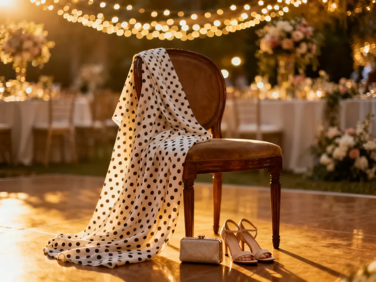 Elegancka sukienka w grochy zestawiona z minimalistycznymi sandałami i kopertówką w weselnej scenerii.