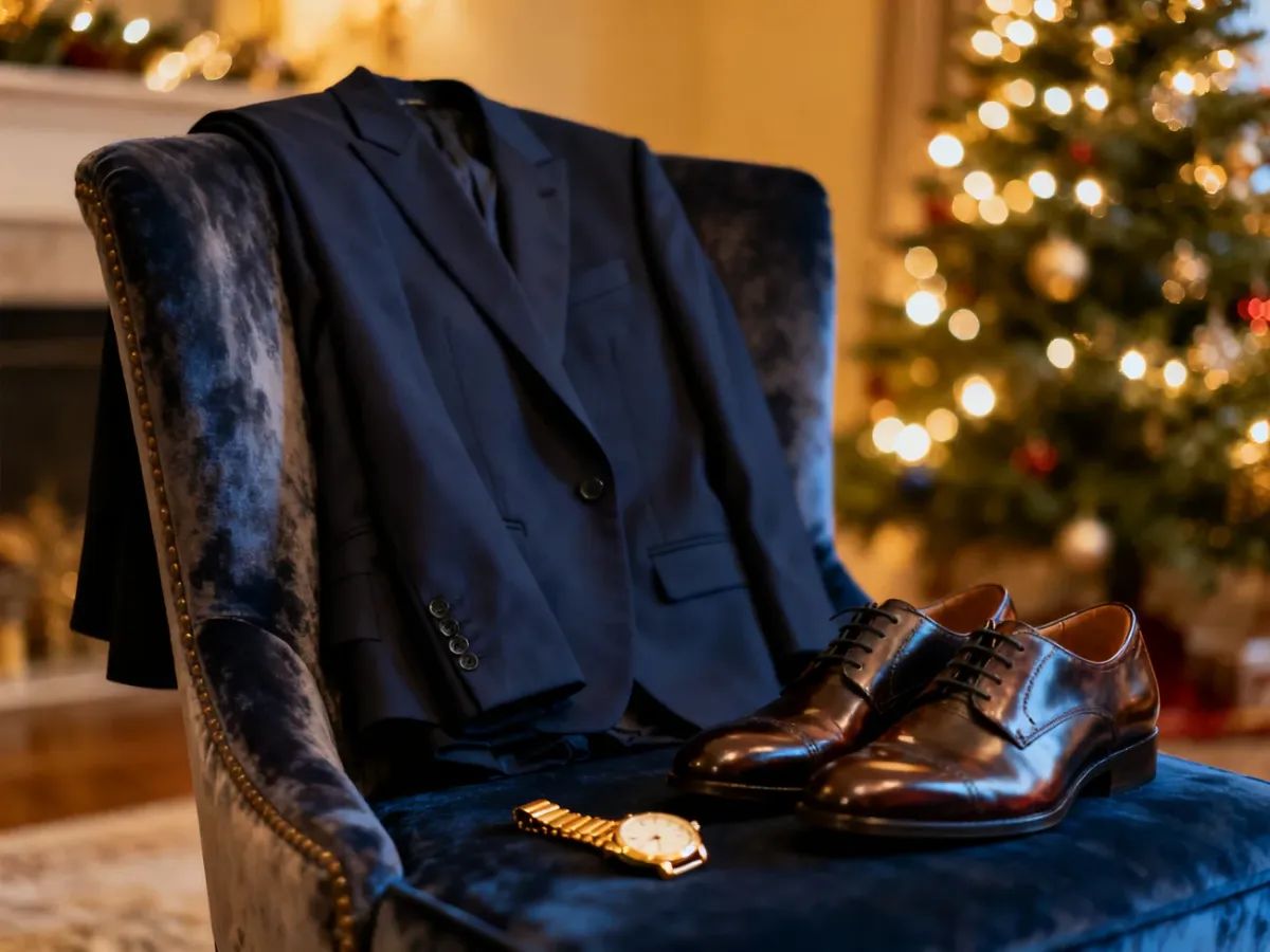 Elegancki męski zestaw na wigilię firmową: granatowa marynarka, skórzane buty i złoty zegarek w świątecznym klimacie.