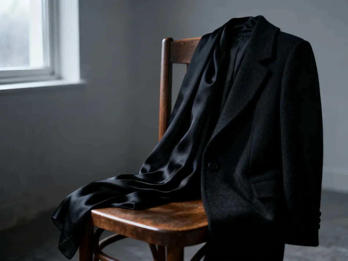 Elegancki czarny płaszcz i jedwabny szal na krześle, symbolizujące stonowany i pełen szacunku strój żałobny.