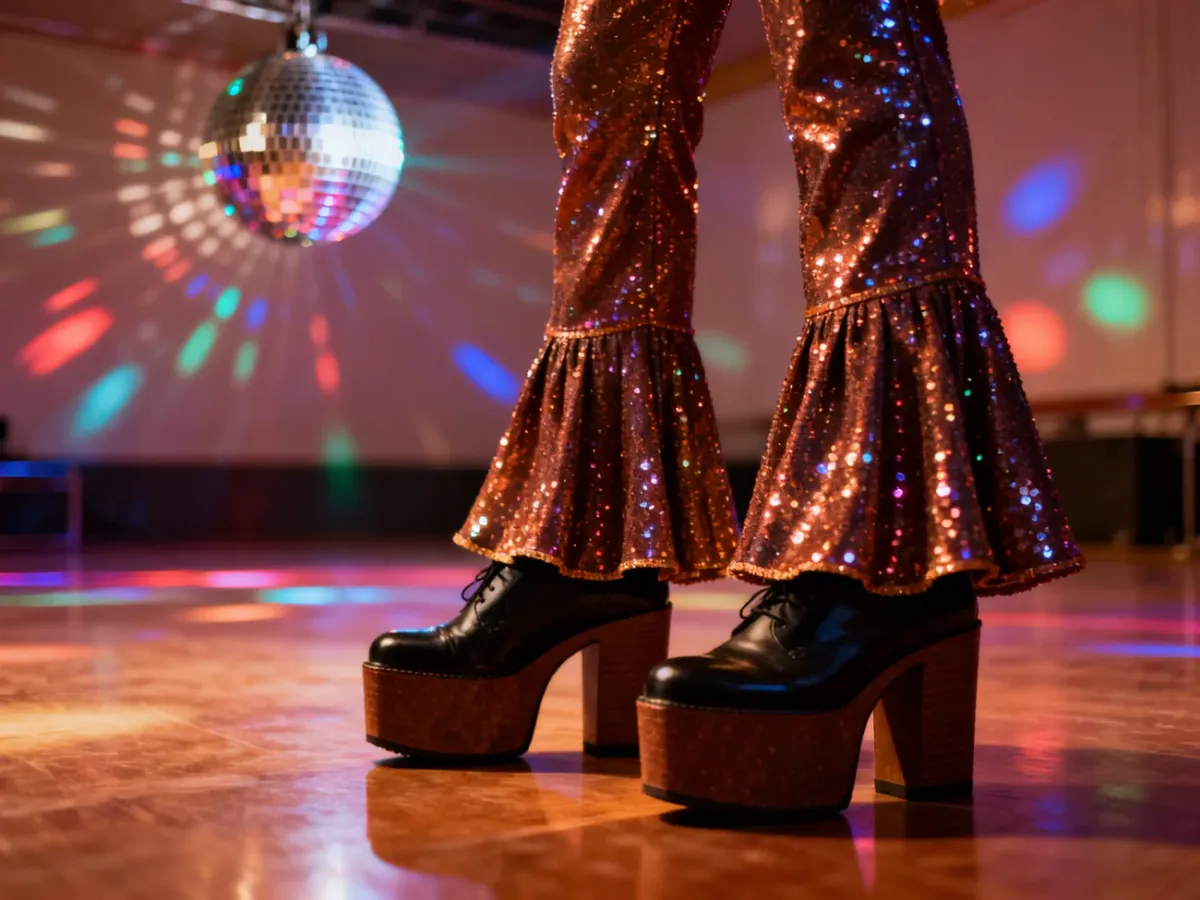 Błyszczące dzwony i buty na platformie w klimacie disco lat 70. na tle rozświetlonego parkietu z kulą lustrzaną.