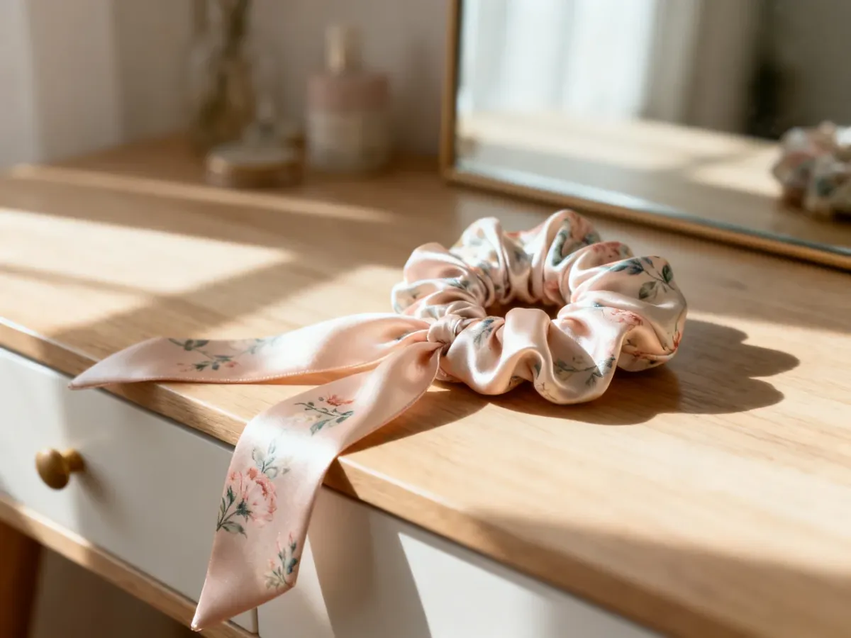 Jedwabna gumka typu scrunchie z kwiatowym wzorem i długą wstążką, leżąca na drewnianej toaletce w promieniach słońca.