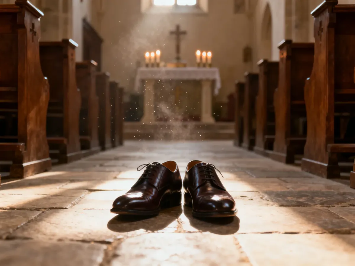 Eleganckie, skórzane buty na kamiennej posadzce wewnątrz tradycyjnego kościoła, podkreślające powagę mszy trydenckiej.