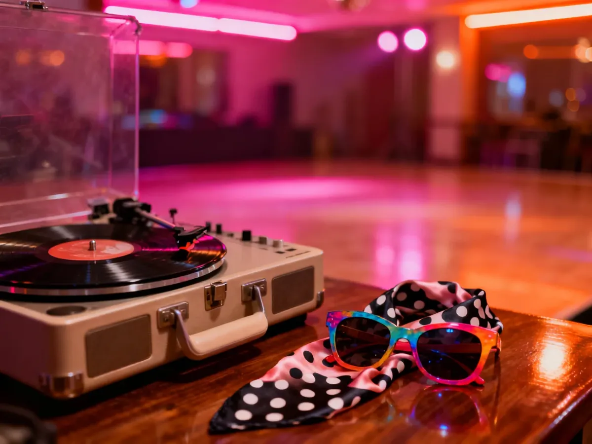Gramofon, okulary przeciwsłoneczne i wzorzysta apaszka na drewnianym stole w klimacie imprezy retro.