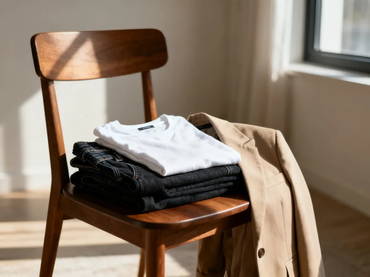 Zestaw ubrań w stylu casual: ciemne jeansy, biały t-shirt i beżowa marynarka, ułożone na drewnianym krześle.