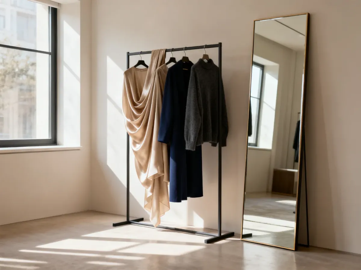 Minimalistyczna garderoba z lustrem i eleganckimi ubraniami w neutralnych kolorach, idealna do stylizacji wyszczuplających.