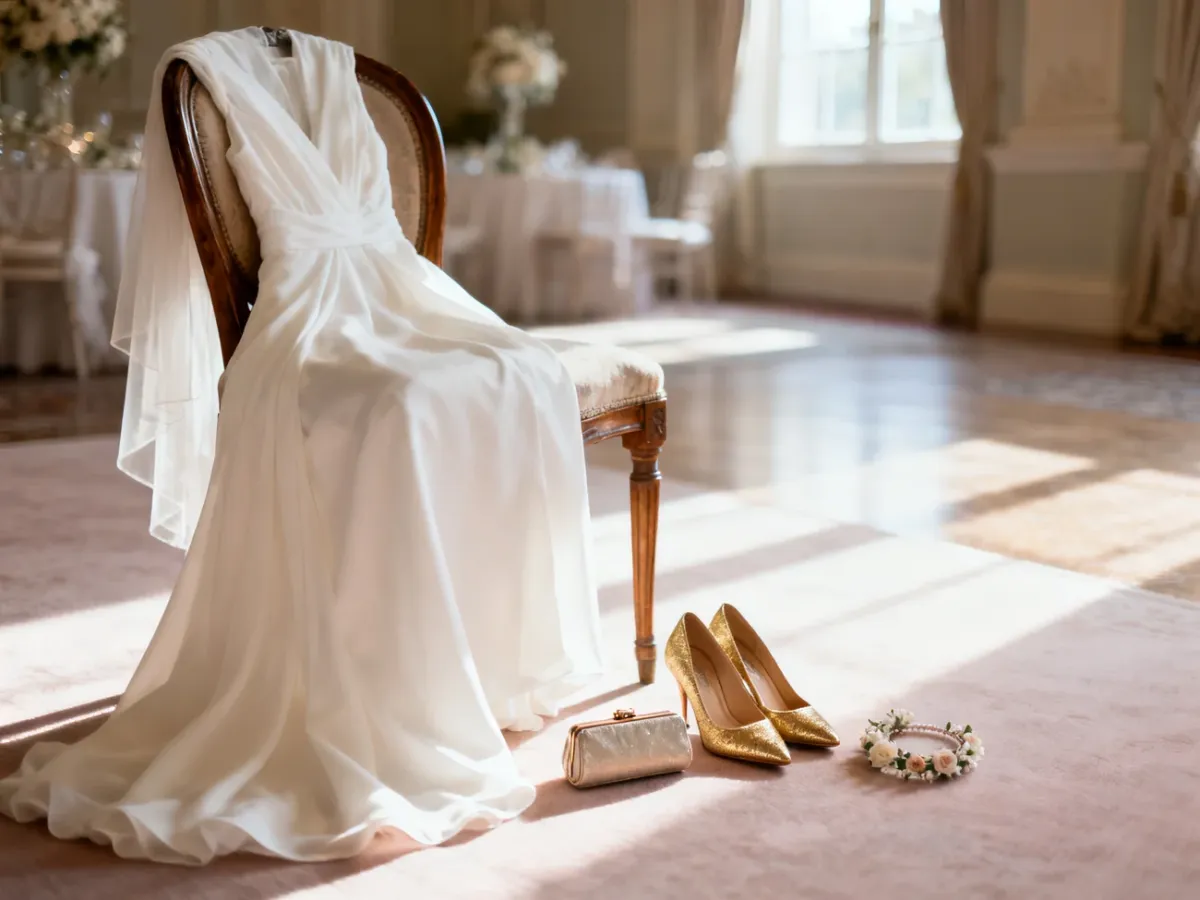 Biała sukienka na wesele zestawiona ze złotymi szpilkami, kopertówką i ozdobą do włosów w słonecznym, eleganckim wnętrzu.