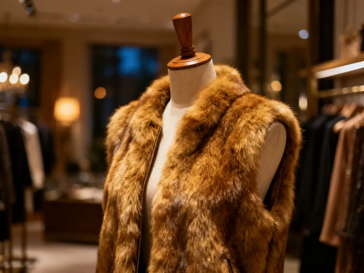 Luksusowa kamizelka ze sztucznego futra na manekinie w eleganckim butiku, prezentująca modną stylizację.
