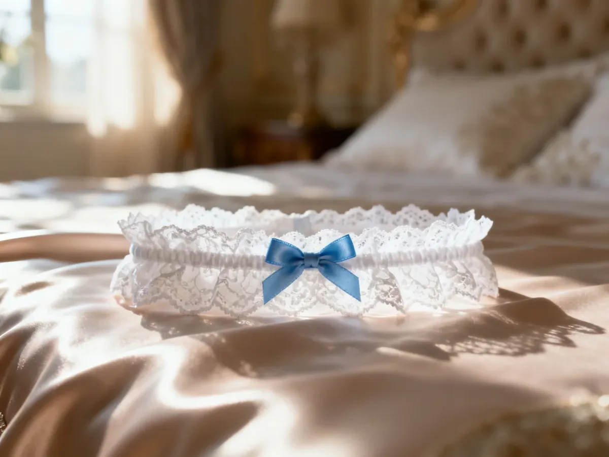 Elegancka biała podwiązka ślubna z koronki z niebieską kokardką, spoczywająca na jedwabnym materiale w romantycznym wnętrzu.