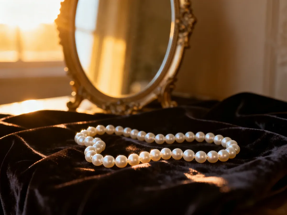 Klasyczny sznur białych pereł na ciemnym aksamicie w otoczeniu vintage'owego lustra, podkreślający elegancję biżuterii.