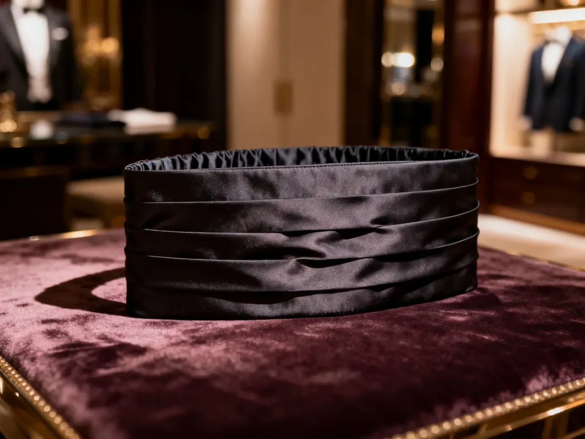 Elegancki pas hiszpański z widoczną fakturą materiału i plisami, wyeksponowany w luksusowym wnętrzu butiku.