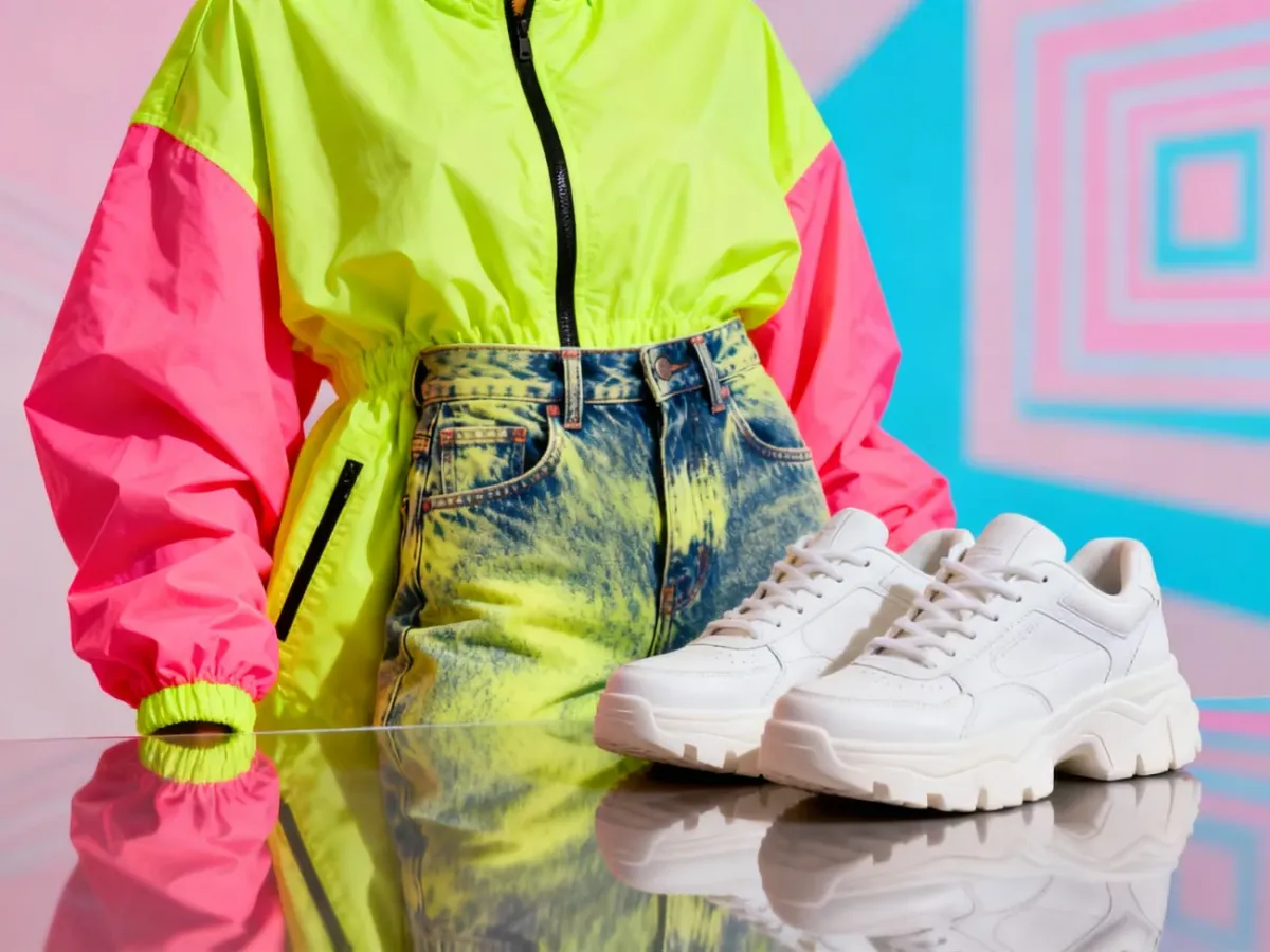 Zestaw ubrań w stylu lat 80.: neonowa wiatrówka, jeansy typu acid-wash i masywne białe sneakersy na geometrycznym tle.